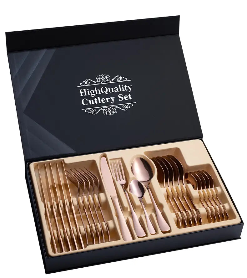 Rose gold-finished stainless steel cutlery set with mirror finish presented in an elegant black 24 piece gift box.