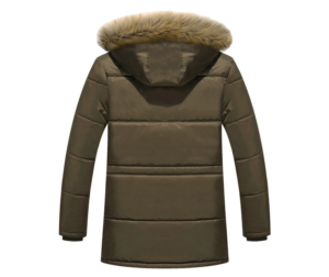 Men’s olive green quilted down parka with fur lined detachable hood designed for winter wear.