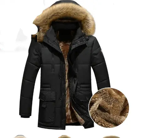 Men’s black quilted down parka with a plush brown fur-lined detachable hood designed for winter warmth and style.