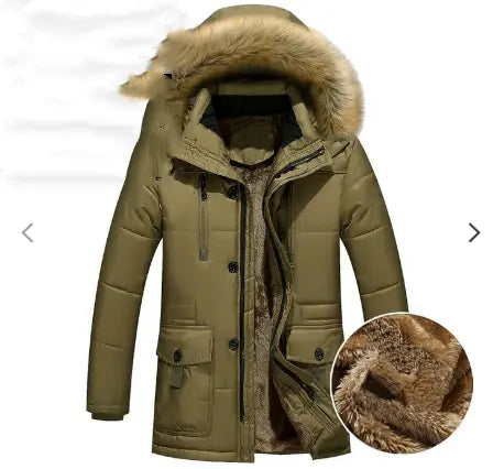 Men’s quilted down parka in olive green with a plush tan fur-lined detachable hood and front pockets designed for winter cold weather.