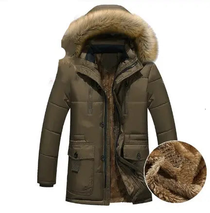 Men’s olive green quilted down parka with a plush brown fur lined detachable hood and matching interior lining designed for winter wear.