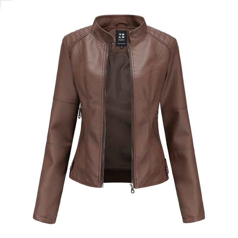 Brown faux leather moto jacket with quilted shoulder panels and a stand-up collar featuring a slim fit design.