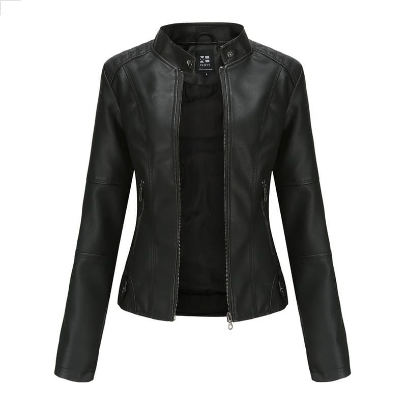 Black faux leather moto jacket with slim fit, stand-up collar, and front zipper closure.