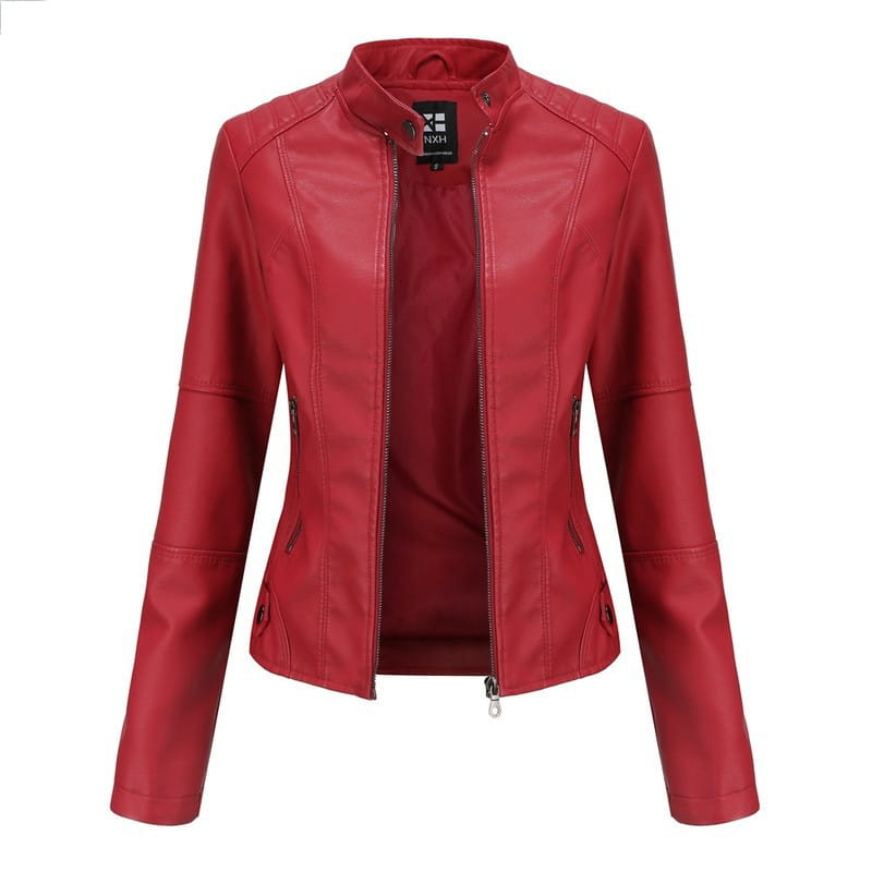 Red faux leather moto jacket with slim fit, stand-up collar, and front zipper closure.