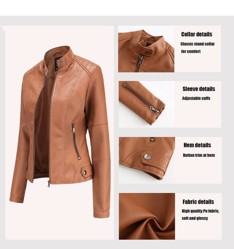 Tan faux leather moto jacket with slim fit, adjustable cuffs, and a classic stand collar.