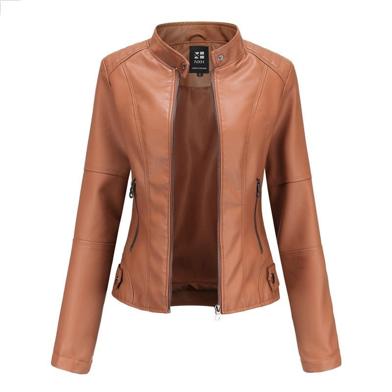 Tan faux leather slim fit moto jacket with a stand collar and zippered pockets designed as a stylish outerwear coat.
