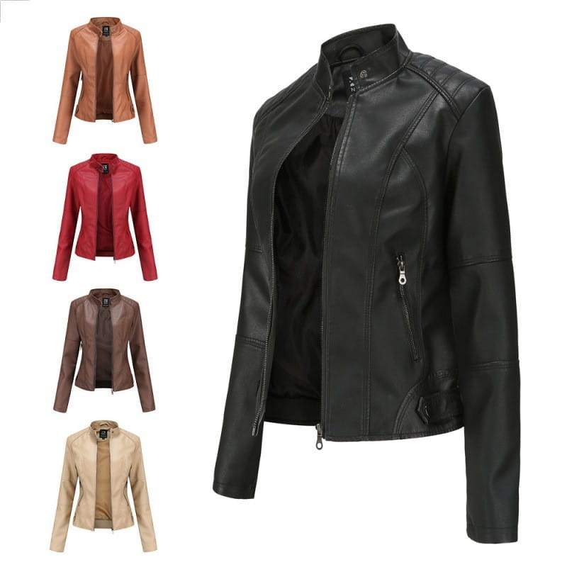 Black faux leather moto jacket with slim fit, stand collar, front zipper closure, and two side pockets.