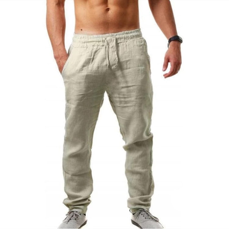 beige linen joggers for men featuring an elastic waistband and drawstring suitable for casual summer wear