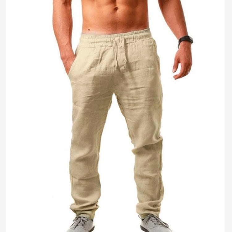 Men’s beige linen joggers with an elastic waistband and drawstring designed for casual summer wear.