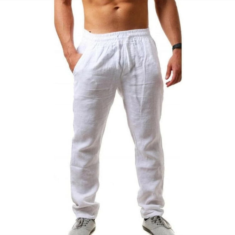 white linen joggers for men featuring an elastic waistband and side pockets, designed as casual summer drawstring trousers.