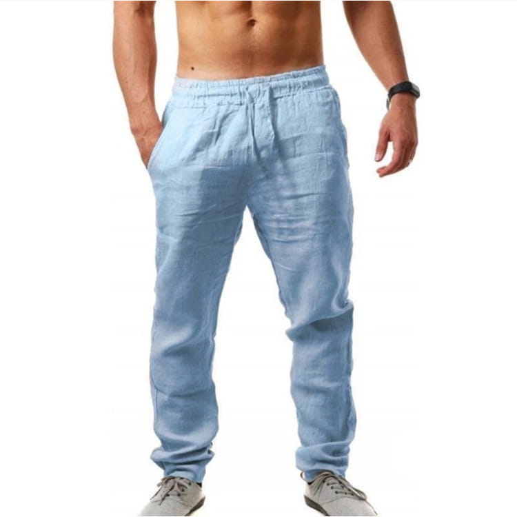 Light blue linen joggers for men featuring an elastic waistband and drawstring ideal for casual summer wear.