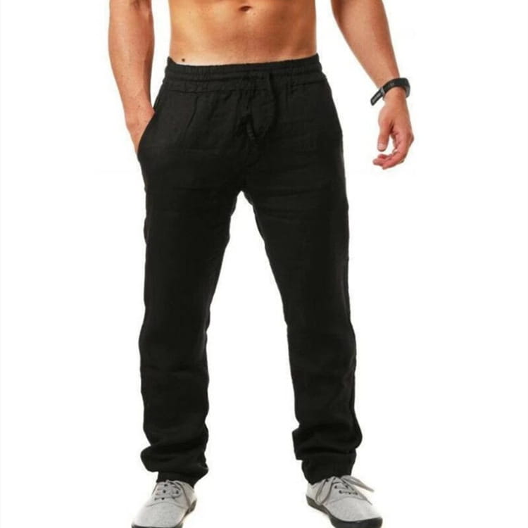 Black linen joggers for men featuring a relaxed fit and elastic waistband designed for casual summer wear.