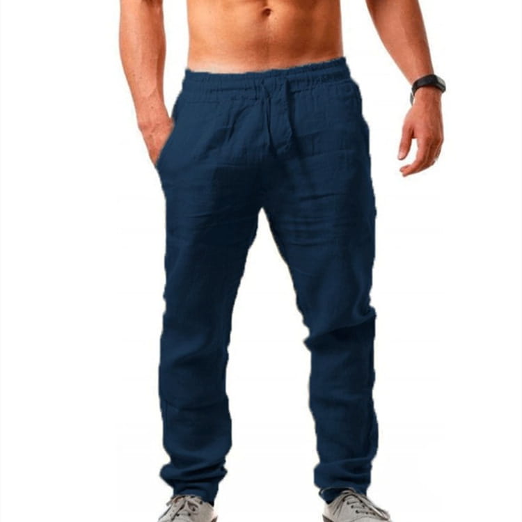 Navy blue linen joggers with elastic waistband and drawstring designed for casual summer wear.