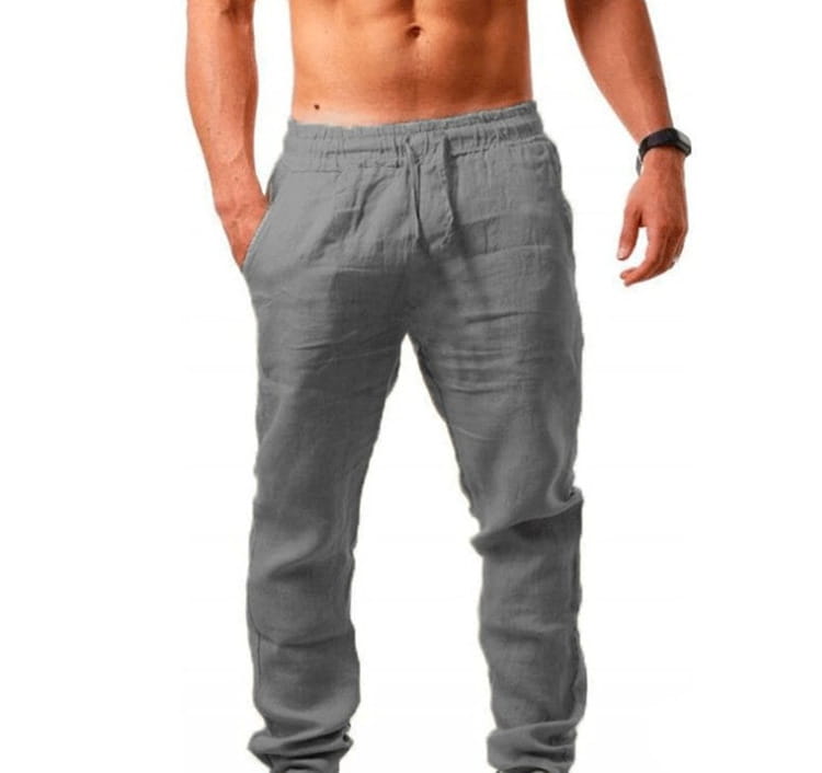 Gray linen joggers for men featuring an elastic waistband and drawstring designed for casual summer wear.