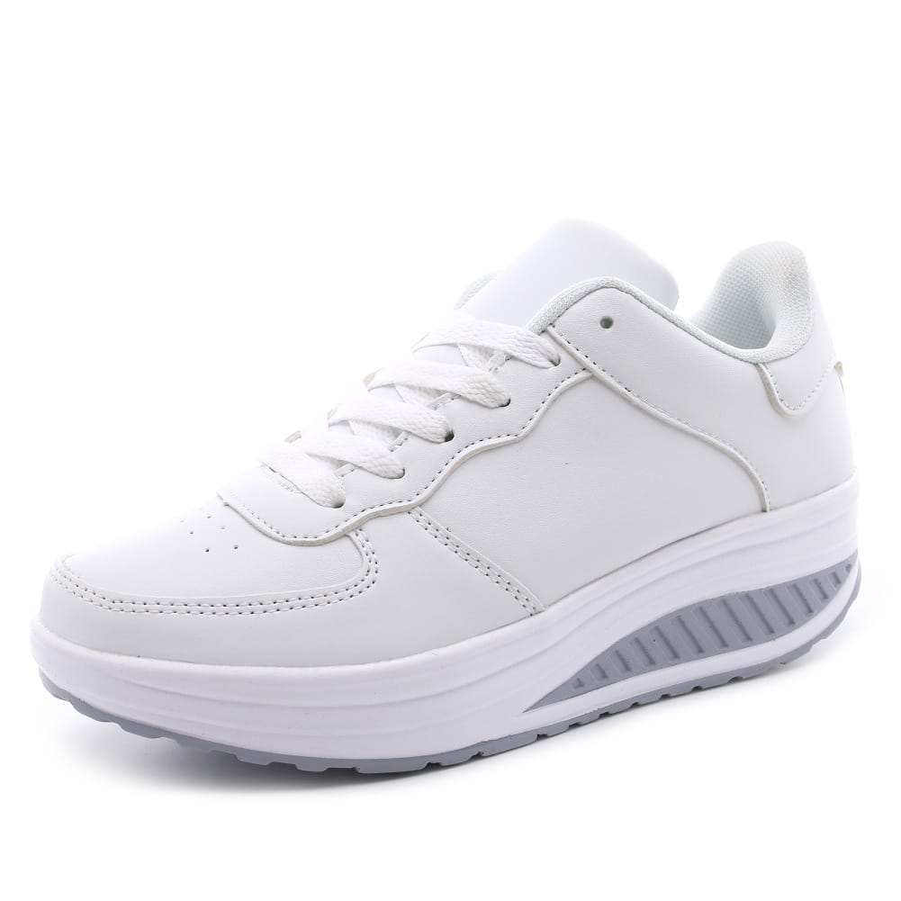 women’s platform sneaker in white leather with a thick sole and gray textured heel suitable for sports and casual wear shown from the back side