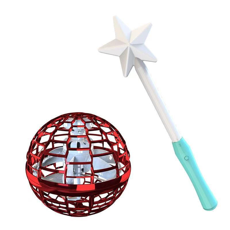 Red metallic cage-style flying ball spinner drone toy for kids 6 plus with a white star-tipped wand beside it.