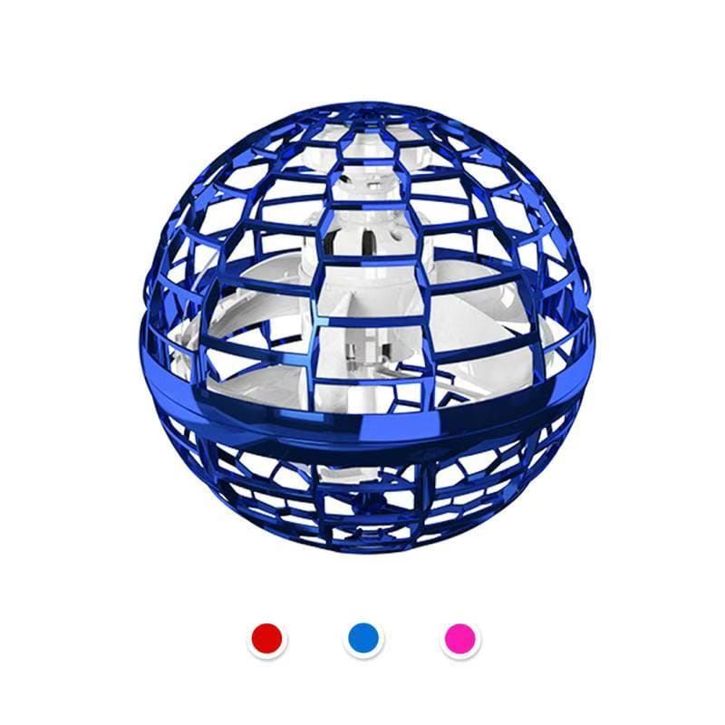 Blue metallic flying ball spinner drone toy for kids 6 plus with geometric lattice design and visible internal propellers.