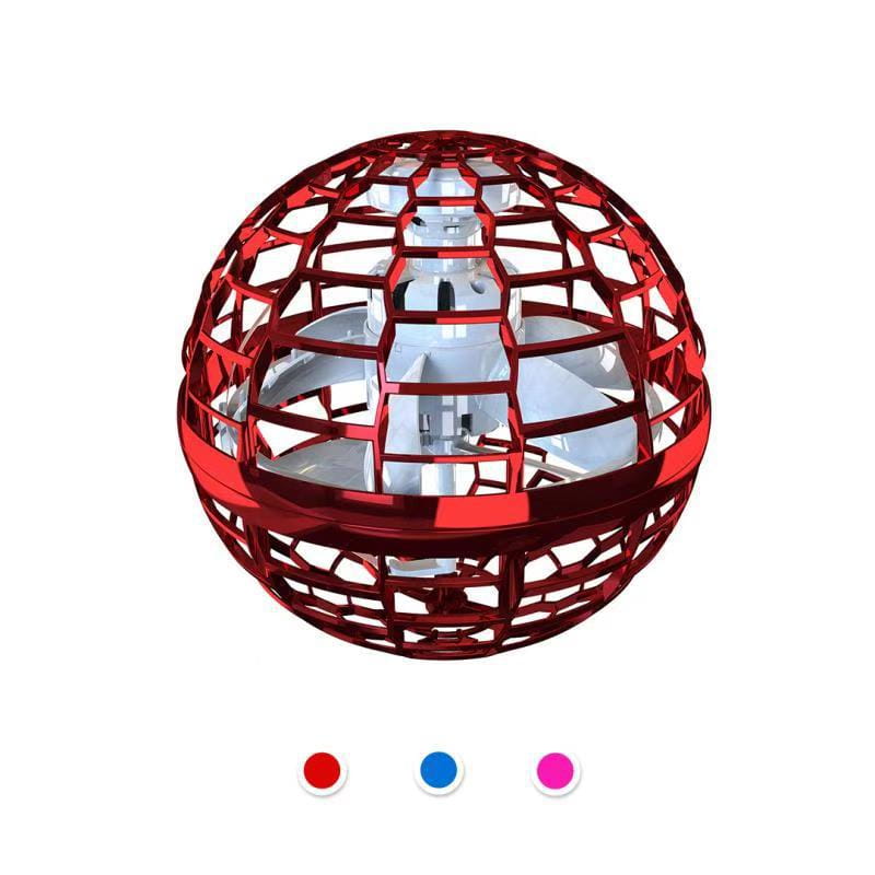 Red metallic spherical flying ball spinner drone toy with lattice design and internal propellers for kids 6 plus.