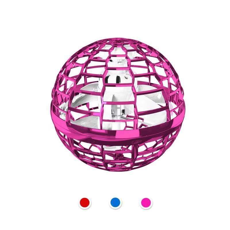 A magenta flying ball spinner drone toy for kids 6 plus with a geometric lattice frame and visible internal propellers.
