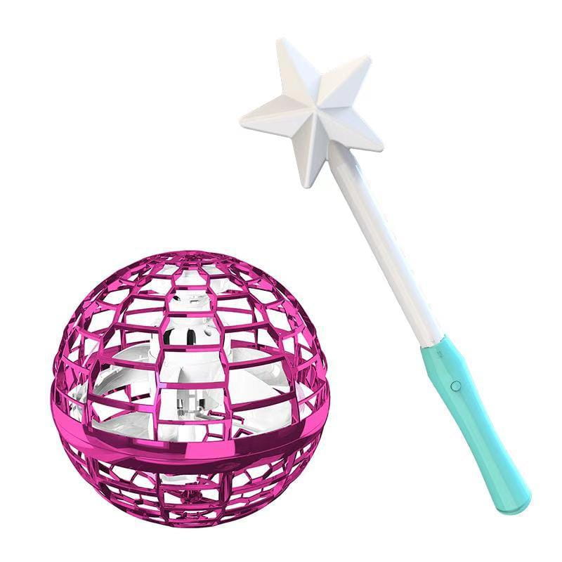 pink metallic mesh flying ball spinner drone toy for kids 6 plus with a white star-tipped wand beside it