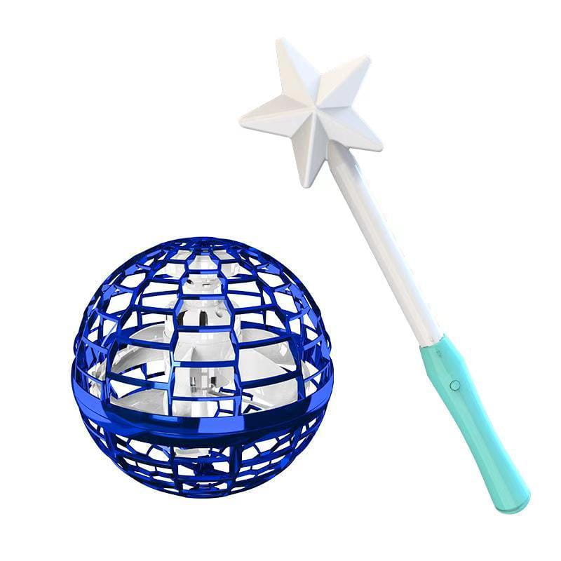 blue spherical flying ball spinner drone toy for kids 6 plus with a star-shaped wand for interactive play