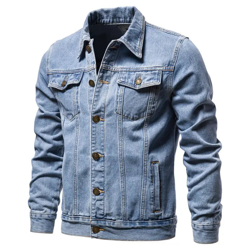Men light wash slim fit denim jacket featuring a classic button-front design with gold-tone buttons.