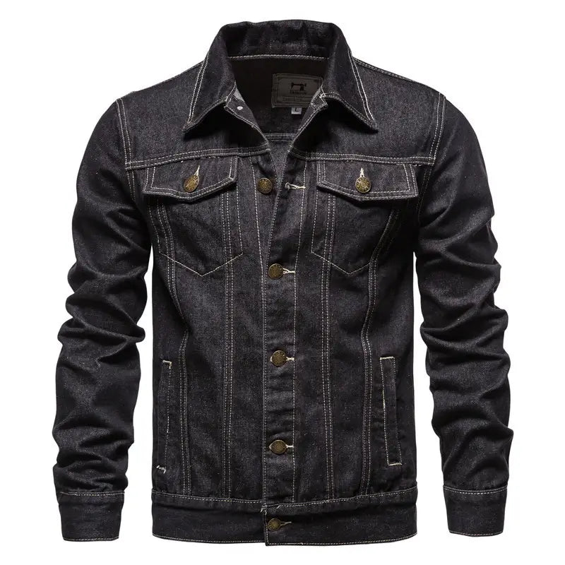 Men light wash slim fit denim jacket in dark wash with gold toned buttons and contrasting white stitching.