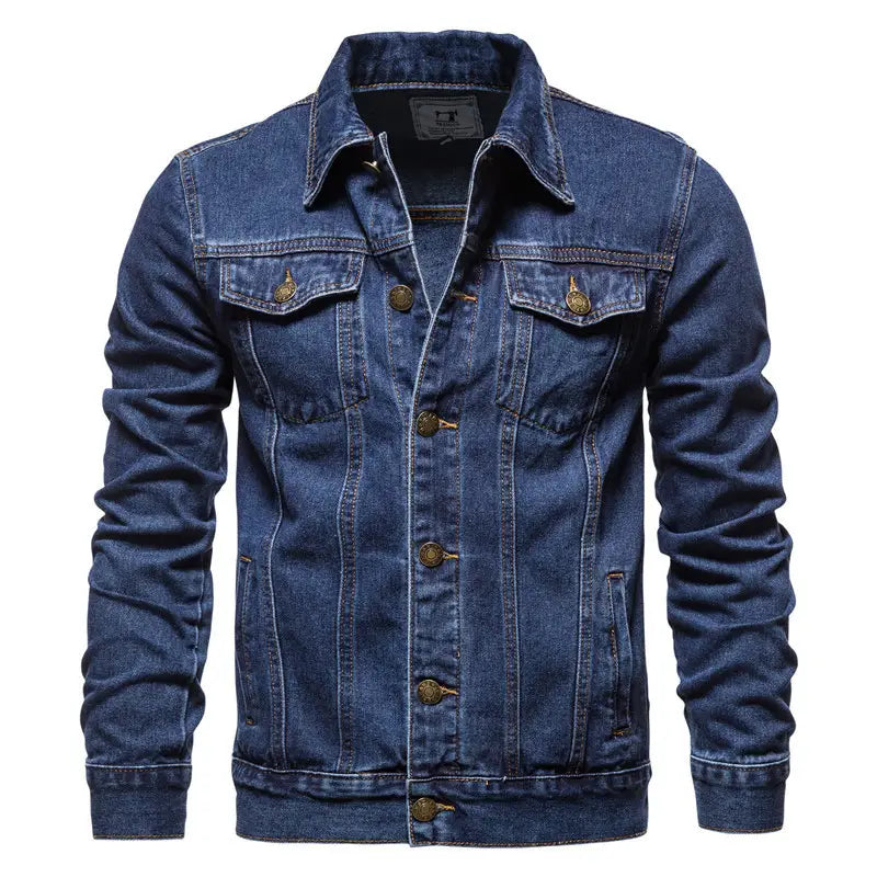 Men light wash slim fit denim jacket in classic dark blue with gold toned buttons and a traditional collar.