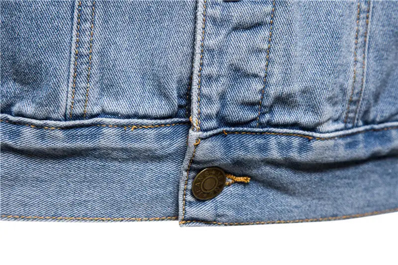 Men light wash slim fit denim jacket featuring vintage-style brass buttons and contrasting stitching.