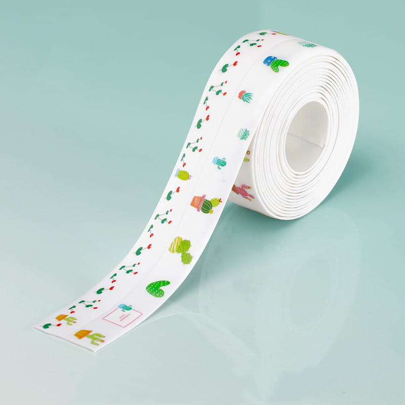 Un rouleau de ruban adhésif d’étanchéité pour cuisine anti-moisissure en PVC imperméable, présentant des motifs de cactus et de plantes en dessin animé coloré.