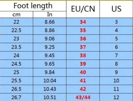 A detailed foot size conversion chart displaying measurements in centimeters and inches alongside European and US shoe sizes for women velcro quilted platform beach sandals.