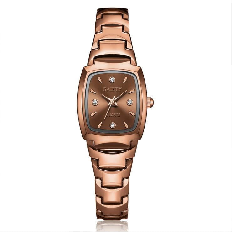 Montre rectangulaire élégante en quartz de Gailety dotée d’un bracelet en métal rose gold et d’un cadran carré brun agrémenté d’accents en forme de diamants pour femmes.