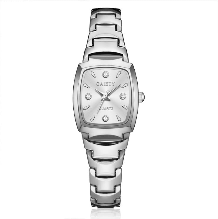 Montre rectangulaire élégante en quartz au ton argenté avec des accents en forme de diamants et un bracelet métallique épuré.