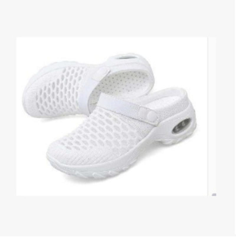 white mesh clog-style shoes with breathable material air cushioned heel and adjustable strap for height increasing