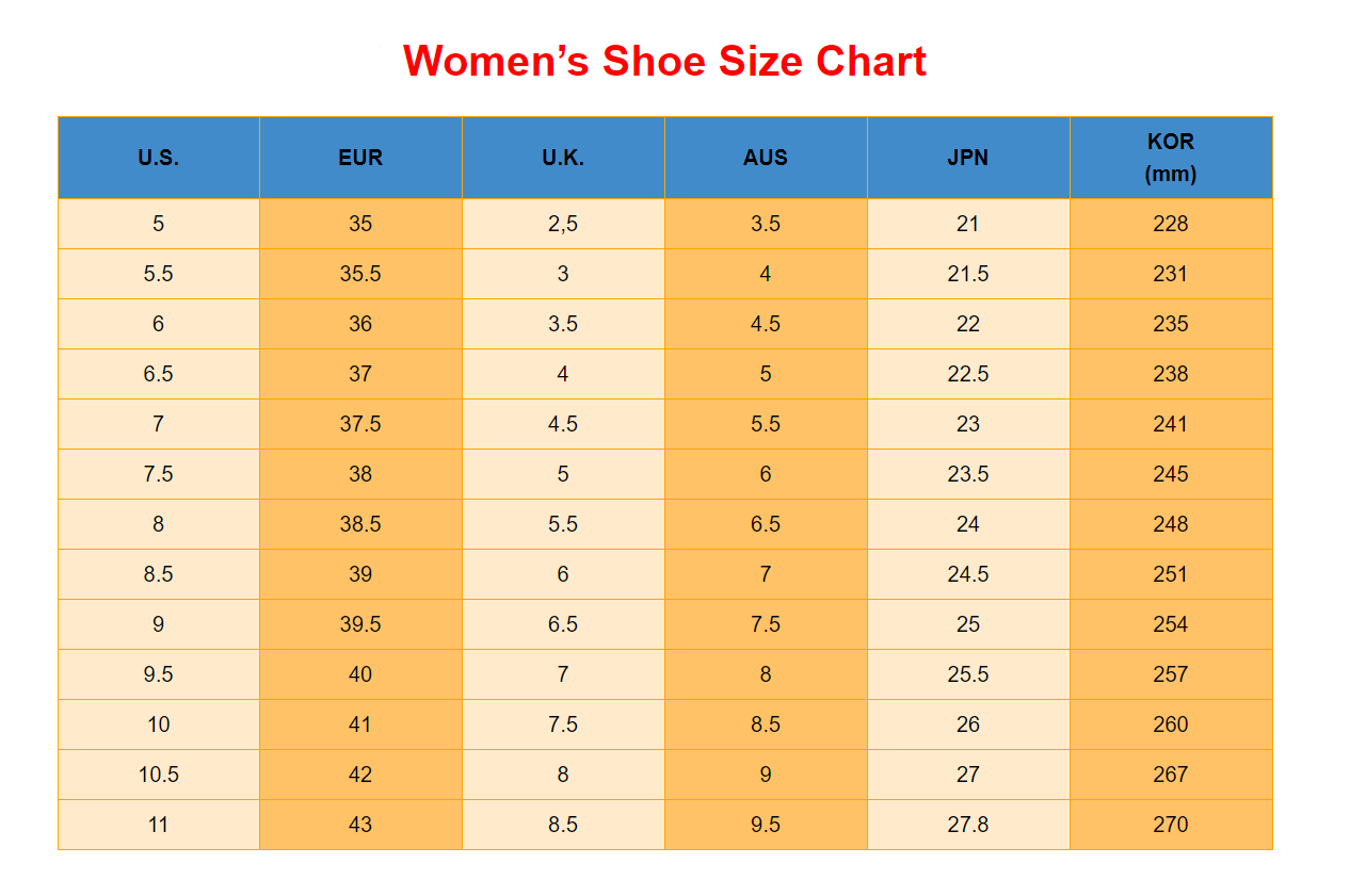 orange and white mesh air cushion clog sandals breathable height increasing women’s shoe size chart showing u.s, european, uk, australian, japanese, and korean conversions.