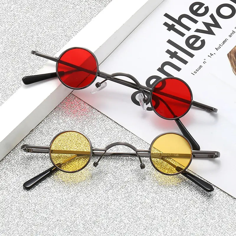 Retro round metal hip hop sunglasses featuring vintage-style thin black frames with red and yellow round lenses.