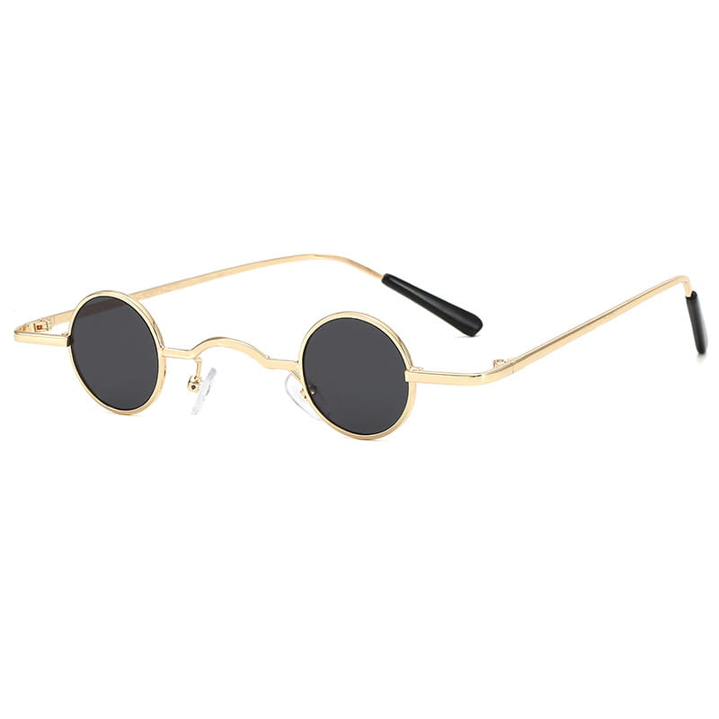 Gold-toned retro round metal hip hop sunglasses with dark gray steampunk-style lenses and black temple tips.