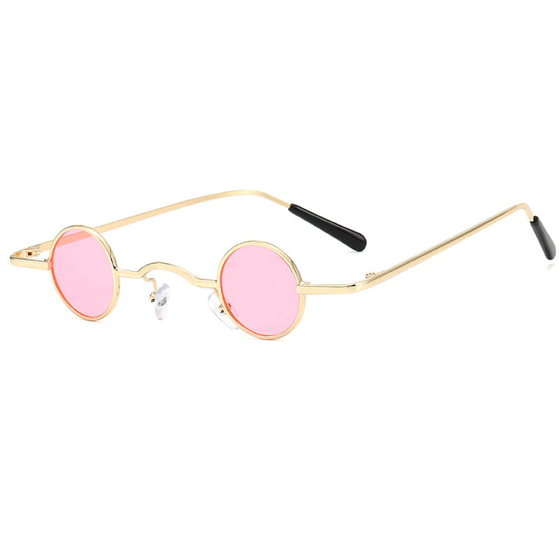 Retro round metal hip hop sunglasses featuring gold-rimmed frames, pink lenses, and black temple tips.