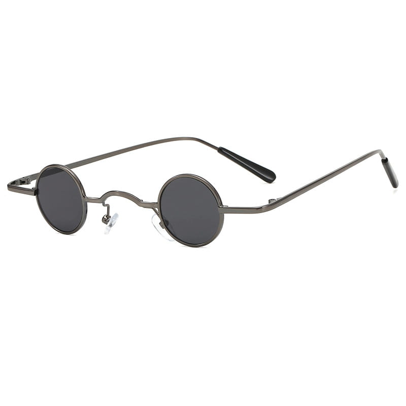 Black round-framed retro round metal hip hop sunglasses with steampunk style dark gray lenses and metallic arms.
