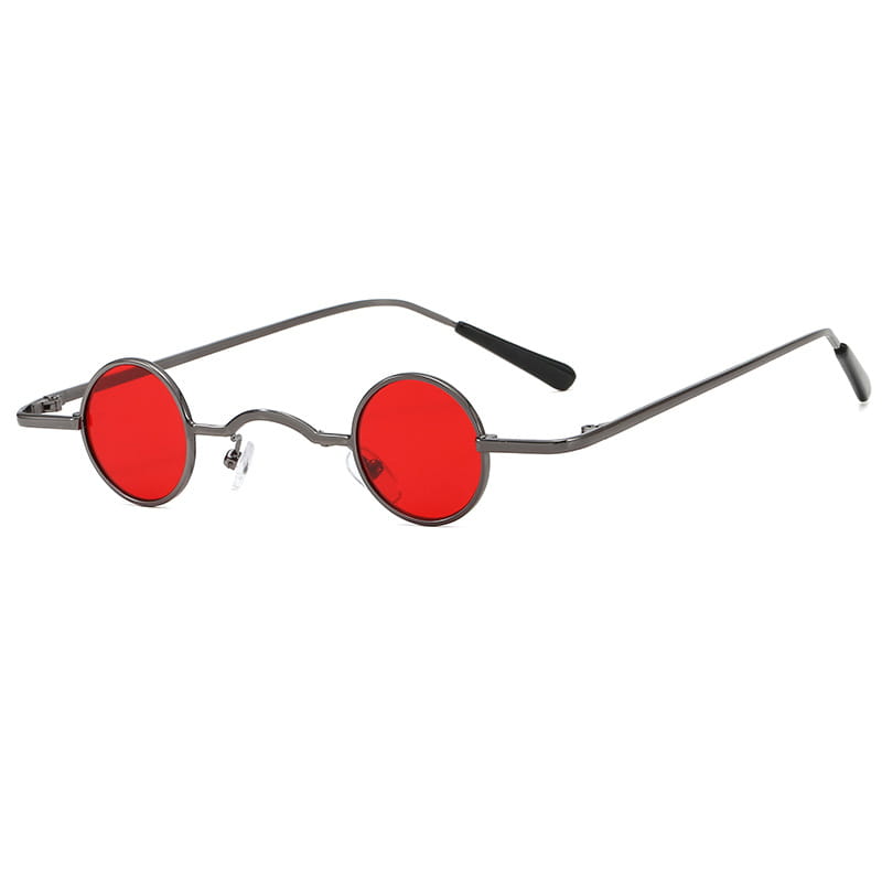 Retro round metal hip hop sunglasses featuring red circular lenses set in a sleek dark metal frame with black temple tips.