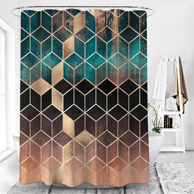 A modern geometric navy and gold shower curtain with a gradient pattern of teal gold and rose gold hexagons featuring metallic outlines.