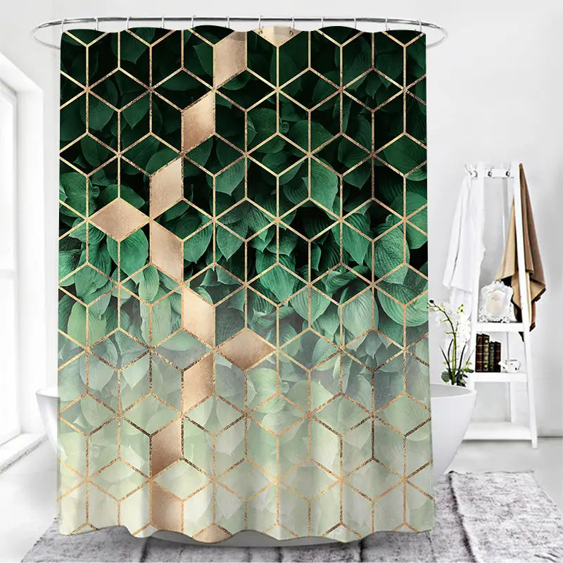 A modern geometric navy and gold shower curtain with overlapping hexagons outlined in metallic gold on an ombre background transitioning from deep forest green to pale mint.