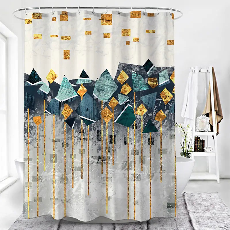 A modern geometric navy and gold shower curtain with an abstract design featuring teal black and gold accents on a textured white background.