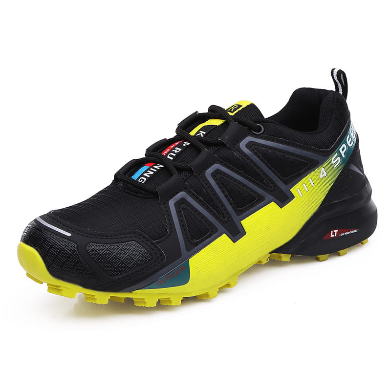 Men’s rugged breathable trail running and hiking shoes in black and neon yellow salomon xa 4 speed with a rugged textured outsole.