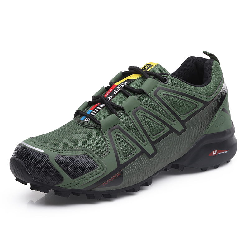 Men’s rugged breathable olive green Salomon trail running and hiking shoe with black accents and a textured outsole.
