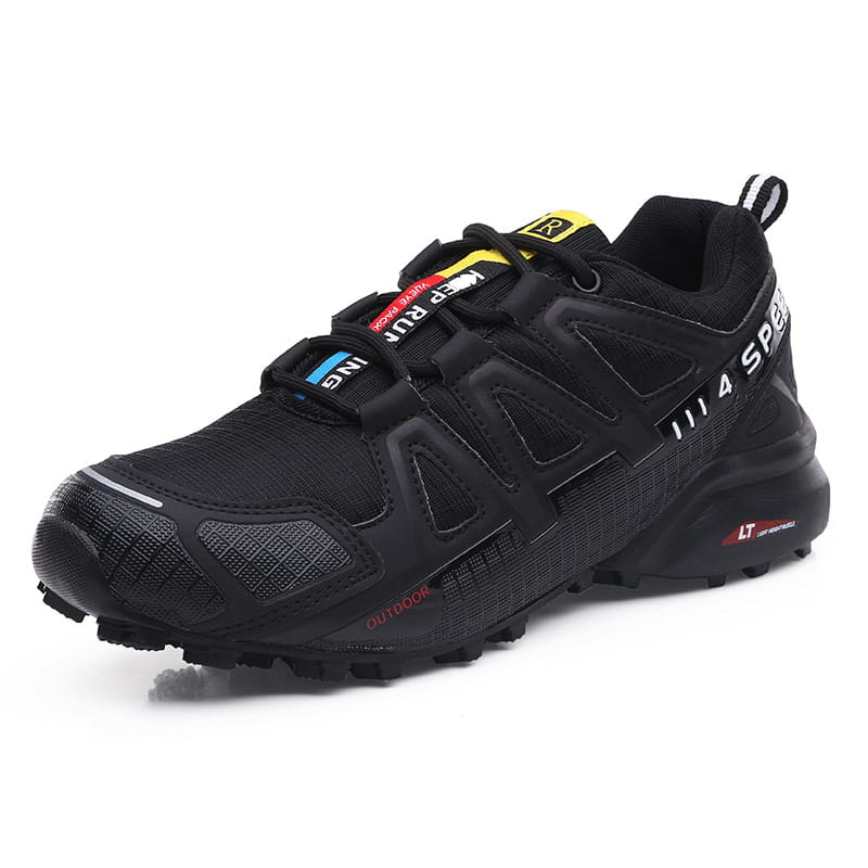 Men’s rugged breathable trail running and hiking shoe by Salomon in black with yellow and red accents mesh upper and rugged outsole.