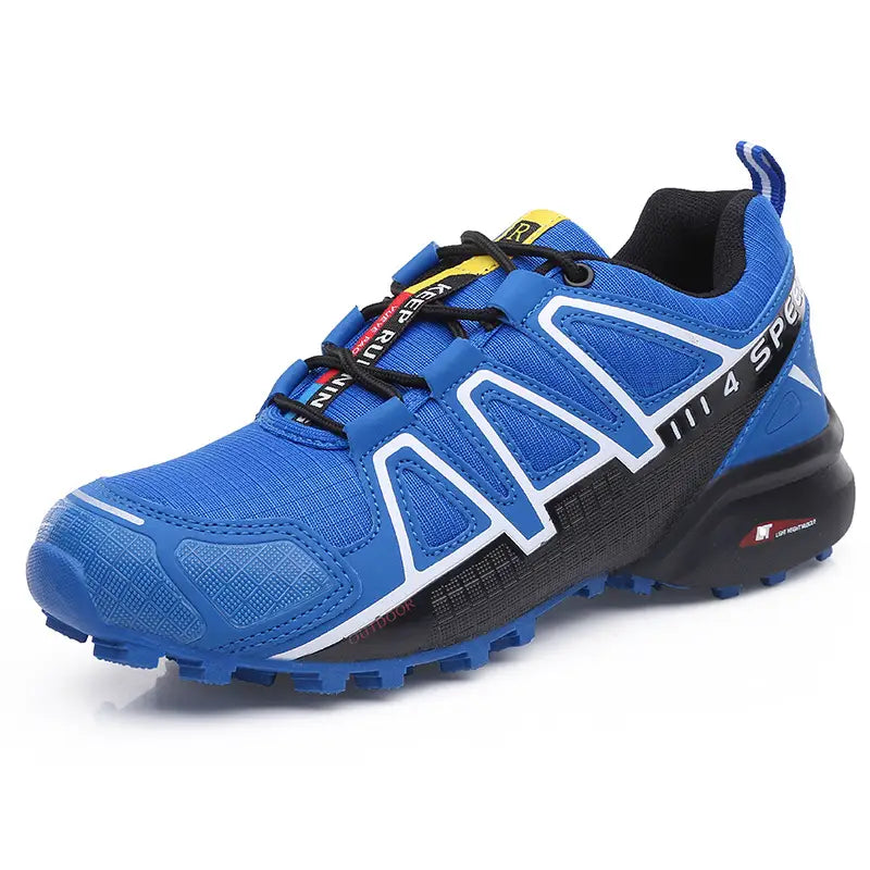Men’s Salomon rugged breathable trail running and hiking shoe in blue with white and black accents featuring a breathable mesh upper and rugged outsole.
