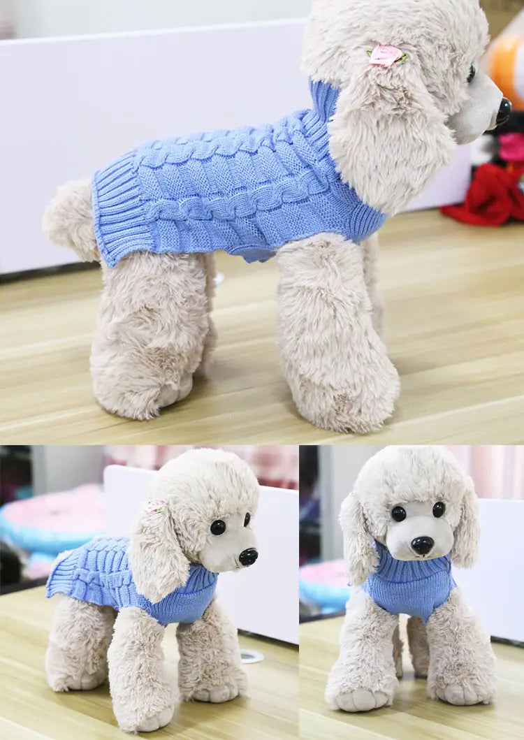 Pull pour chien en cachemire bleu clair avec motif en câble torsadé et encolure côtelée.