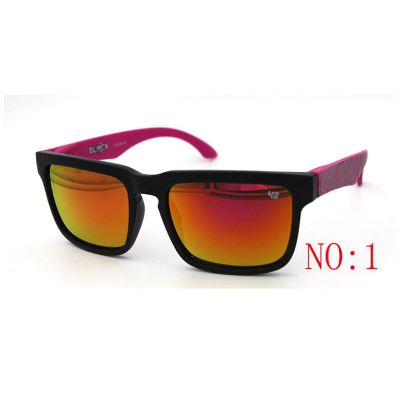 Unisex UV400 gradient mirror sport cycling sunglasses with black frames, vibrant pink temple arms, and orange-to-red mirrored lenses.