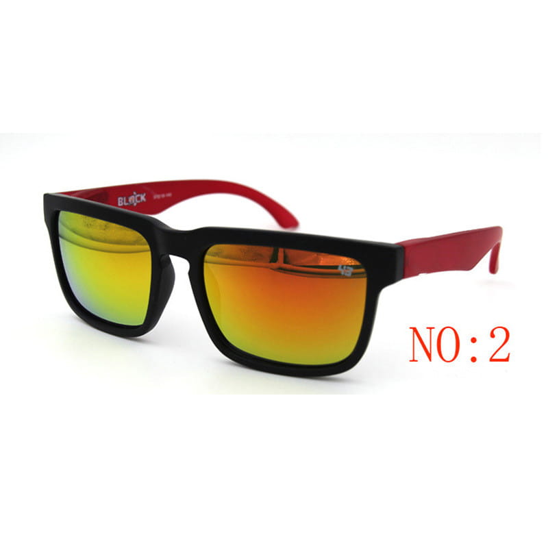 Unisex UV400 gradient mirror sport cycling sunglasses with black and red frames and yellow to orange gradient mirrored lenses.